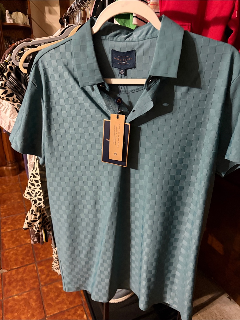 Marc Fisher Relaxed Teal Check-Texture Short Sleeve Polo